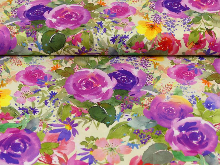 Preview: Patchworkstoff Clothworks Flowershop Rosen in lila und bunte Blumen Detailansicht